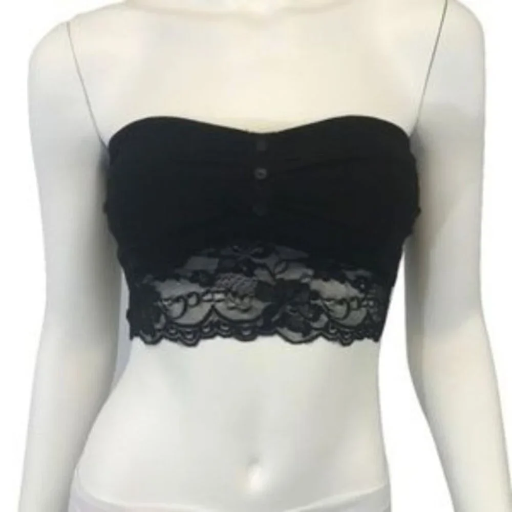 Black Lace Bandeau Top With Button Detail & Contrast Lace Trim - Picture 2 of 5